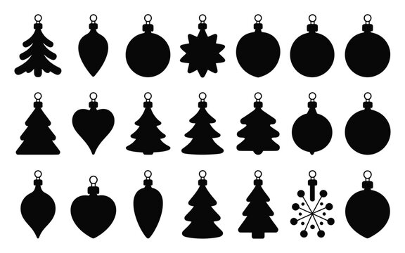 Vector art of collection of twentyone black silhouette christmas ornaments of various shapes, including trees, balls, hearts, snowflakes, and stars