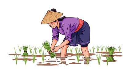 Asian Farmer Planting Rice: A traditional Asian farmer, with focused determination, plants rice seedlings in a flooded paddy field, showcasing the time-honored practice of agricultural labor. 