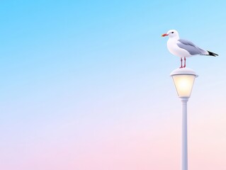 Seagull on a lamppost, soft pastel sky