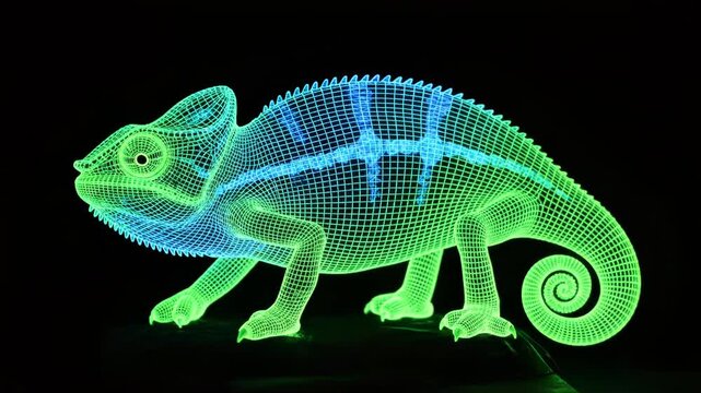 Glowing Digital Chameleon Wireframe. Futuristic green and blue neon reptile on black. Technology and nature concept.