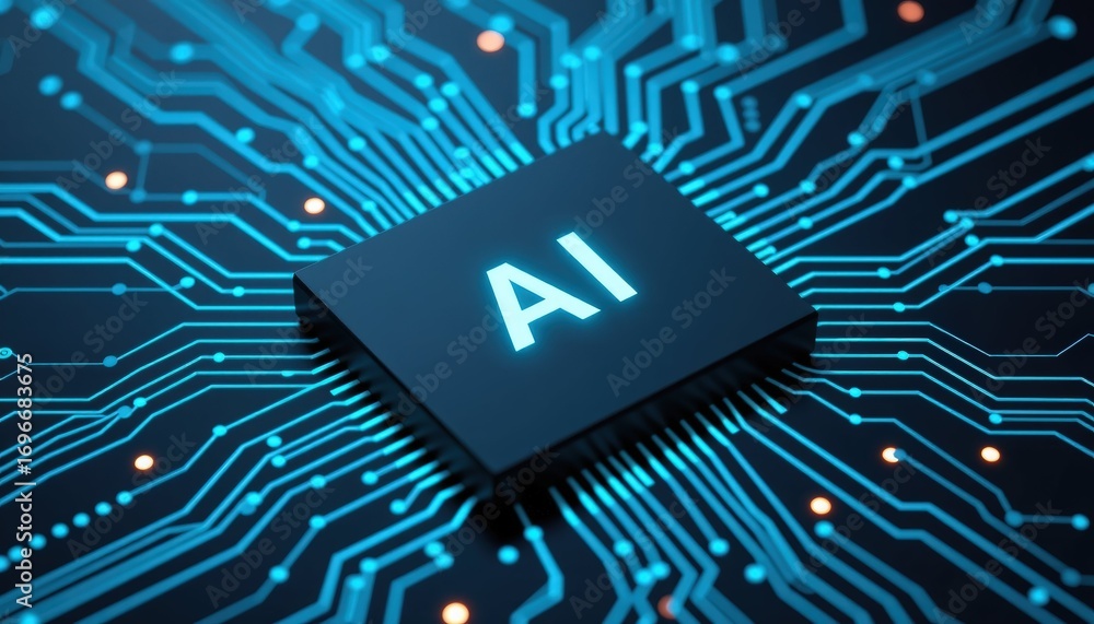 Poster advanced technology system featuring a central microchip futuristic environment ai content digital l