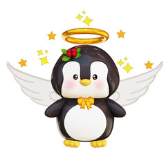3D Cute Penguin Christmas Angel with Wings and Golden Halo on Transparent Background