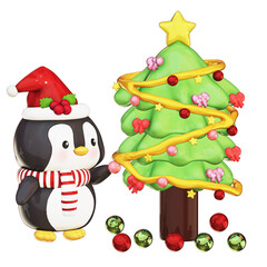 Fototapeta premium 3D Cute Penguin Christmas with Santa Hat Decorating Christmas Tree on Transparent Background