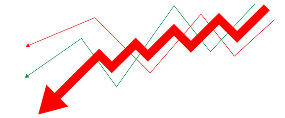Red arrow graph showing downward trend isolated on transparent background