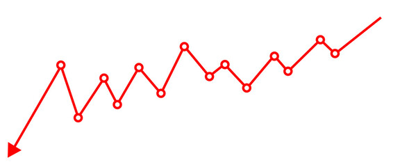 Red line graph with points trending downwards isolated on transparent background