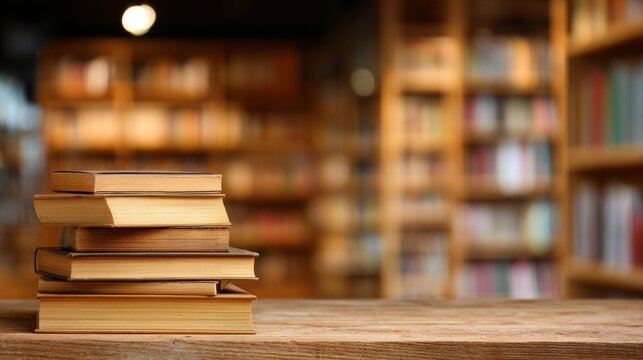 Stack of books on wooden table in library room with blurred bookshelf background, education and knowledge concept for school, learning, and academic study environment