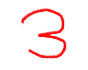 Handwritten red number three isolated on transparent background