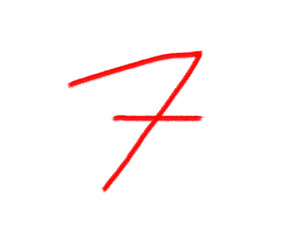 Red number seven drawn with chalk isolated on transparent background