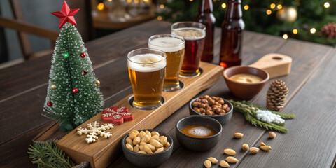 Fototapeta premium Wooden serving tray displaying flight of various beers with bowls of nuts and decorated miniature Christmas tree creating festive holiday atmosphere on rustic table.