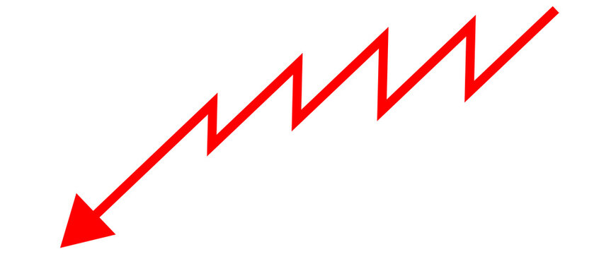 Red zigzag arrow pointing downwards isolated on transparent background