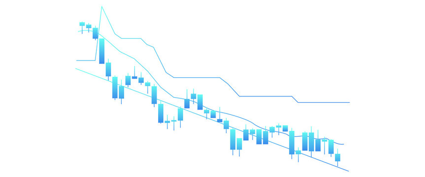Blue stock market candlestick chart showing a downtrend isolated on transparent background