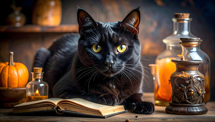 A black cat looking straight ahead from the desk in the witch's study