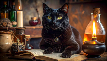 A scene of a witch disguised as a black cat reading a book on a desk in a study