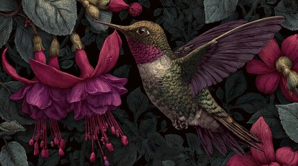 Fototapeta premium Hummingbird in Flight Feeding on Fuchsia Flowers.