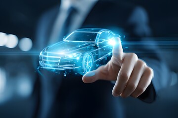 Futuristic man driving high-tech car with augmented reality HUD interface and holographic dashboard in city at night