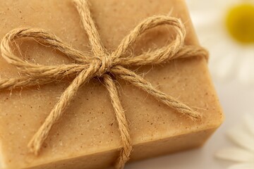 Close up natural handmade soap bar with jute rope bow for organic skincare and wellness