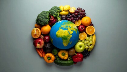 Flat lay of colorful fruits and vegetables arranged around a small globe, illustrating a sustainable vegan lifestyle against a neutral gray background.