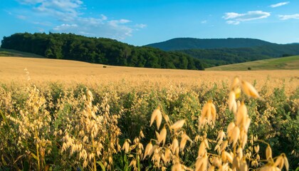 Expansive golden oat field stretches towards a distant hill range under a vibrant blue sky.
