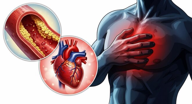Illustration of a man with chest pain heart and artery showing plaque buildup and blood clots inside