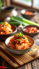 Fermented cabbage kimchi chili flake garlic ginger scallion ceramic bowl bamboo mat