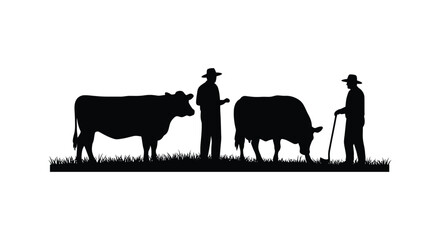 farmers standing beside cows in field silhouette