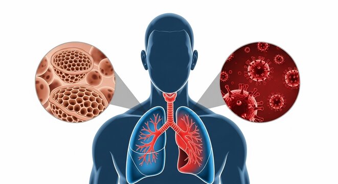 Human silhouette with lungs showing healthy alveoli and virus infected alveoli illustration