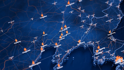 Laoyang map big data visualization. Futuristic map infographic of city in China. Visual map data complexity in modern blue and orange colors