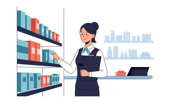 Shop Assistant at Work: A shop assistant stands beside a full shelf of merchandise, demonstrating attentiveness to her tasks.