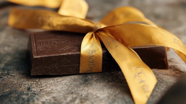 A dark chocolate bar, wrapped with a golden ribbon, sits on a textured, grayish surface. Close-up shot showcases detail