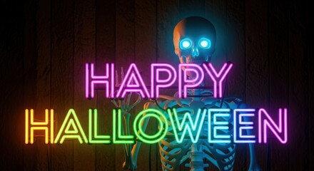 Obraz premium A spooky skeleton stands in front of a wooden wall, illuminated by neon lights that spell out happy halloween, creating a festive and eerie atmosphere for the holiday