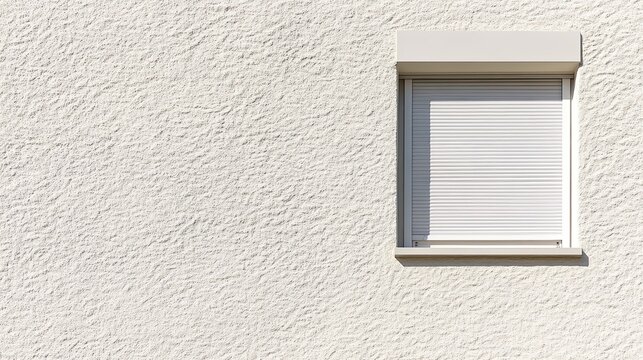 Modern white window with closed shutters on textured wall