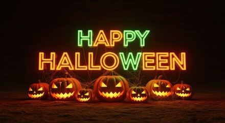 A spooky halloween scene with glowing jackolanterns and a neon sign that says happy halloween, creating a festive and eerie atmosphere against a dark background