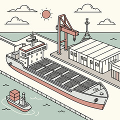 Naklejka premium Cargo ship docked at a port with a crane loading containers onto the vessel under a sunny sky