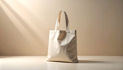Studio shot of a beige reusable tote bag promoting a sustainable vegan lifestyle against a neutral background, showcasing a minimalist aesthetic with warm lighting.