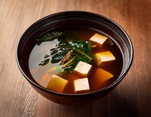 warm miso soup with tofu and seaweed