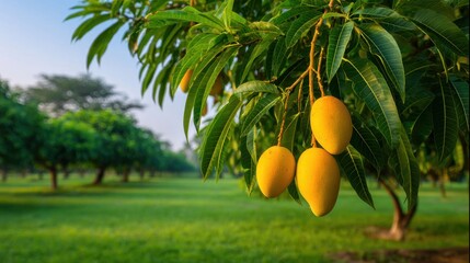 Golden Ripe Mangoes Hanging from Lush Green Trees in Sunny Landscape