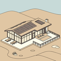 Modern minimalist isometric house with solar panels and swimming pool in a desert landscape