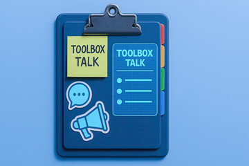 Toolbox talk concept with clipboard, sticky note, and icons on blue background, symbolizing communication and safety discussion in workplace environment