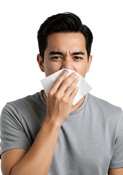 Close de homem asi&aacute;tico jovem com express&atilde;o de espirrar e segurando um len&ccedil;o de papel no nariz isolado no branco. Gesto de gripe, resfriado ou alergia. Conceito de sa&uacute;de