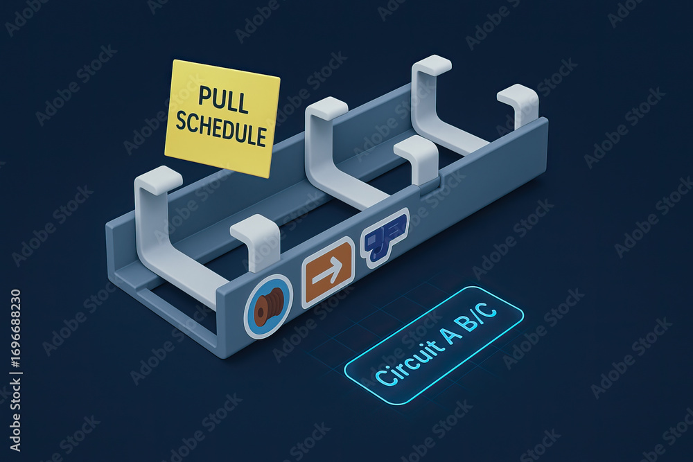 Poster pull schedule concept with blue container and white hooks, featuring icons and glowing circuit b/c l