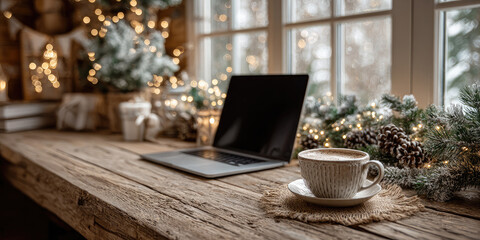 Obraz premium Wooden home workplace with laptop, cappuccino, christmas decoration, cozy blanket, knitted plaid, pillows, christmas lights enjoying winter holidays