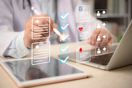 EHR, checklist Doctor taps tablet beside laptop to review medical records and patient data privacy, ticking tasks across history, lab results, and profiles. concept secure digital workflow.