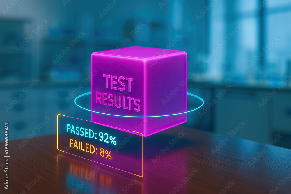 Aufkleber test results concept with glowing purple cube and digital display showing passed 92 percent and fail