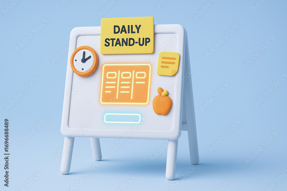 Poster Daily stand up meeting board with clock and notes in soft pastel colors, symbolizing organized teamwork and productivity in calm environment