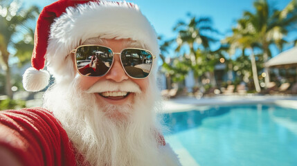 Santa Claus, sporting trendy sunglasses, enjoying a selfie moment by a stunning resort pool, celebrating his Christmas vacation in a vibrant tropical paradise