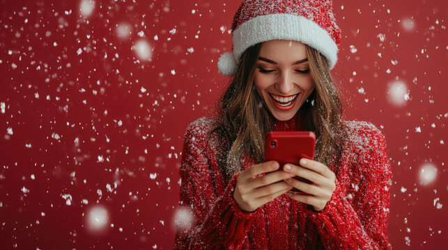Excited young woman wearing red winter clothes and holding a smartphone is gasping with amazement while reading shocking news on a red background