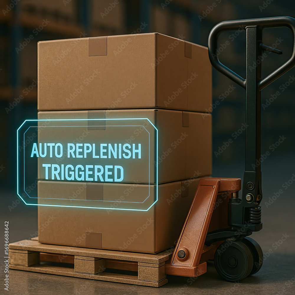 Poster auto replenish triggered message displayed stacked cardboard boxes wooden pallet with pallet jack wa