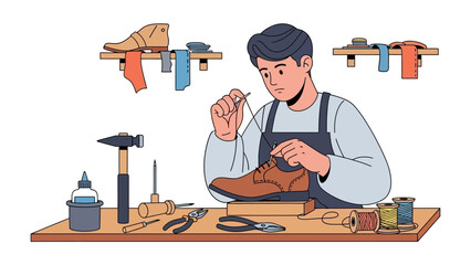 Artisan Craftsman at Work: A skilled artisan, meticulously stitching a shoe with focus and precision. The scene captures the beauty of handcrafted leather goods, revealing the artisan's passion.
