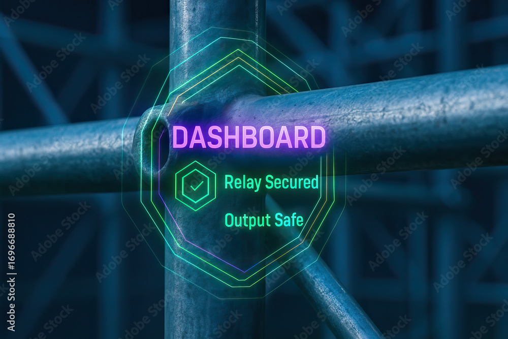 Aufkleber dashboard with relay secured and output safe text overlay on metal pipe structure, futuristic techno