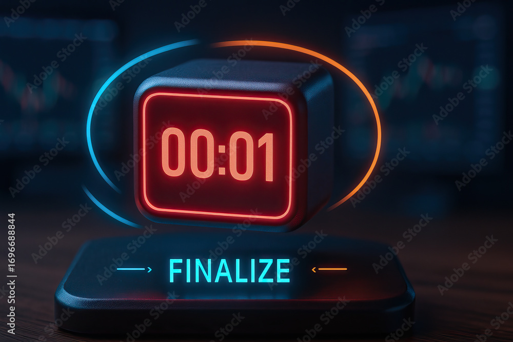 Aufkleber digital countdown timer showing 00:01 with glowing finalize button, symbolizing last-minute decision